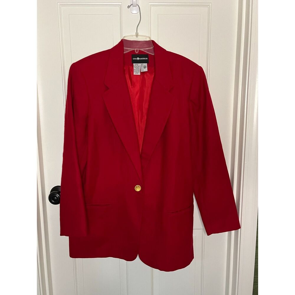 Vintage Sag Harbor Womens 18 Red 100% Wool Blazer Gold Crest Button